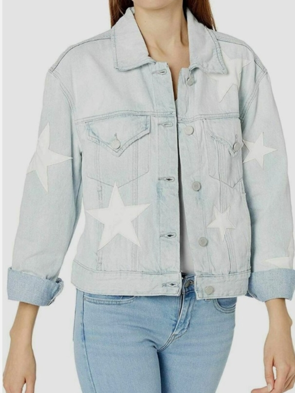 Blank NYC Light Blue Denim Jacket with White Star Appliqués